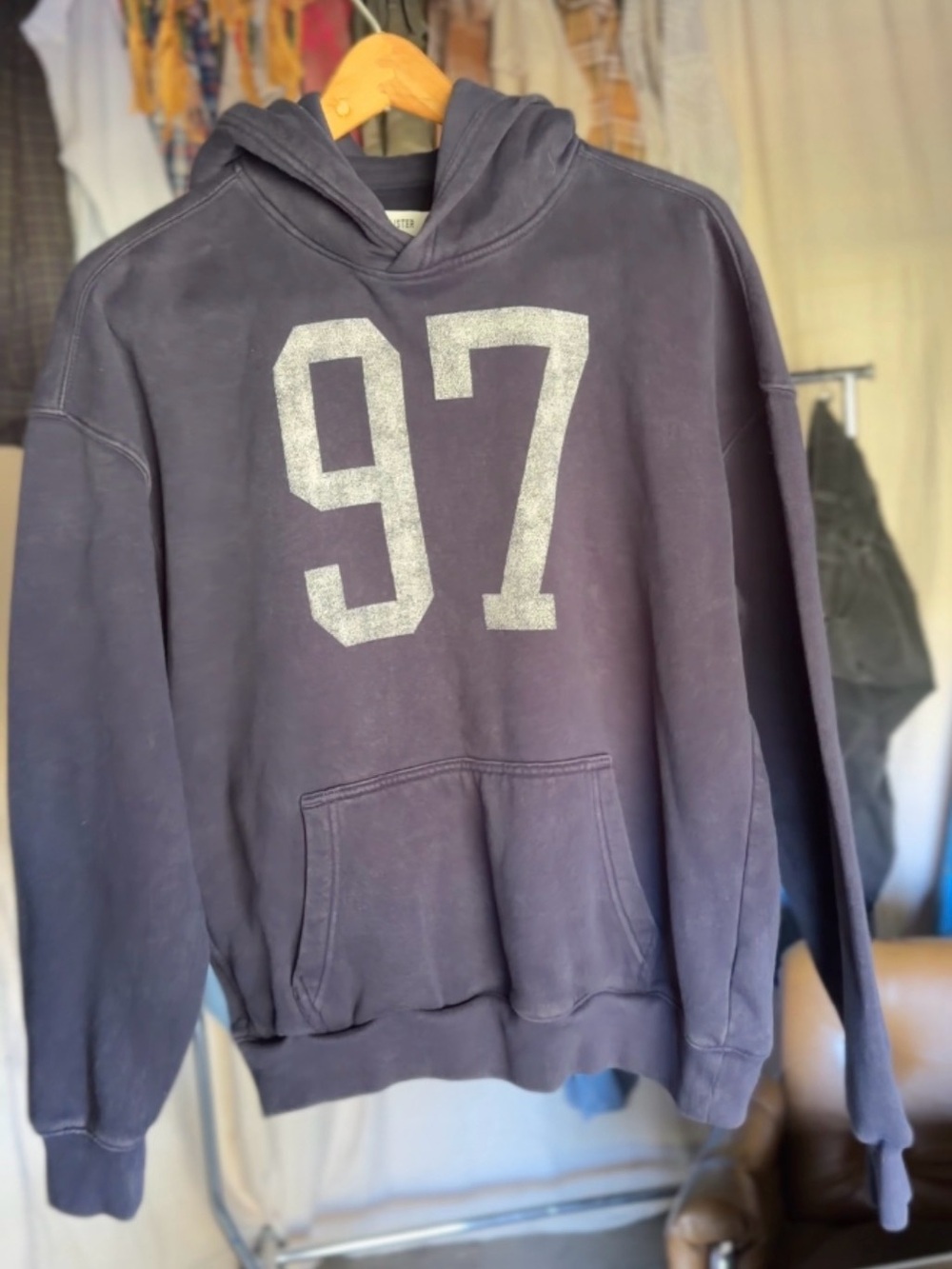 Hollister Vintage Wash 97 Boxy Pullover Hoodie Dark Navy Blue Small